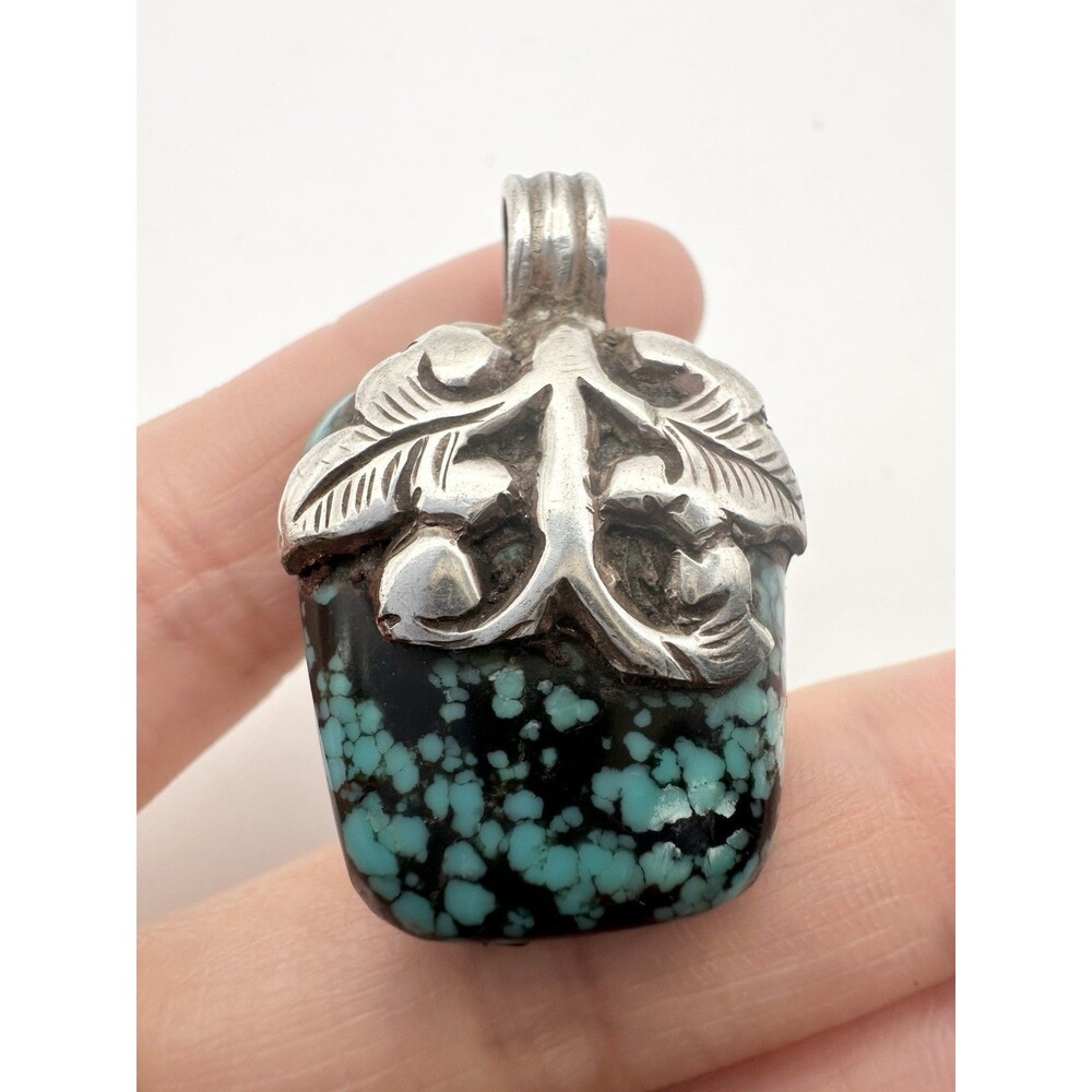 Vintage Handmade Sterling Silver Genuine Turquoise Floral Pendant